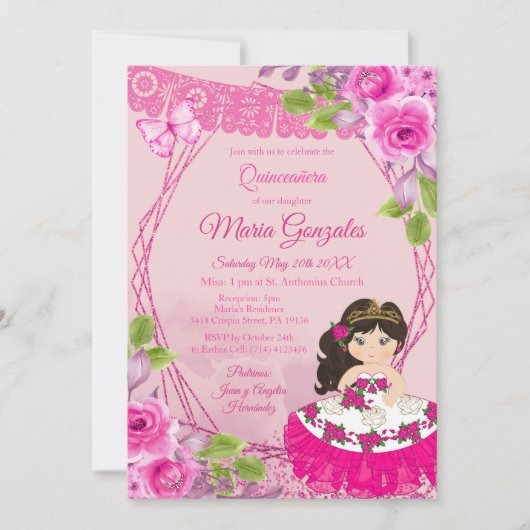 Rosa mexikanische Charra Quinceanera Einladung (Vorderseite)