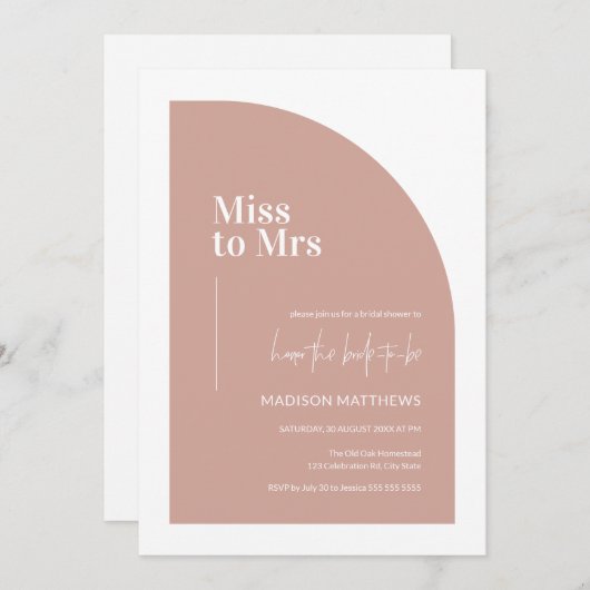 Rosa Minimal Half Arch Miss an Brautparty I Einladung (Vorne/Hinten)
