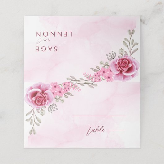 Rosa Minimalistische Blumenhochzeit Platzkarte (Außenseite Aufgefaltet)