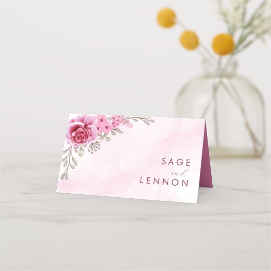Rosa Minimalistische Blumenhochzeit Platzkarte (Rückseite)