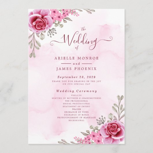 Rosa Minimalistische Blumenhochzeit Programm (Vorderseite)
