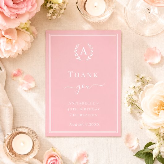 Rosa minimalistische Geburtstagsmonogramm Dankeskarte
