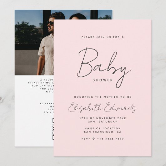 Rosa Minimalistisches Foto QR Code Kinderdusche Einladung (Vorne/Hinten)