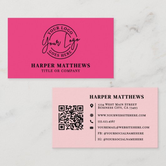 Rosa minimalistisches modernes Logo QR-Code Visite Visitenkarte (Vorne/Hinten)