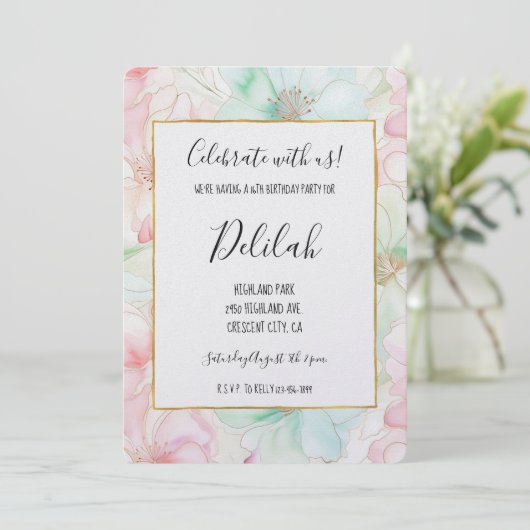 Rosa Mint Blumen Geburtstag Einladung (Stehend Vorderseite)