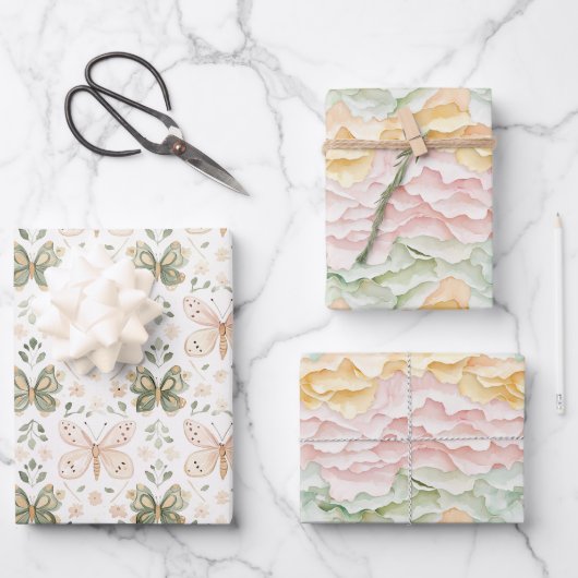 Rosa Mint Gelbe Piñata Schmetterlinge Geburtstag Geschenkpapier Set (Vorderseite)