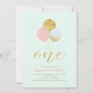 Rosa, Mint & Gold Ballons 1. Girl Birthday Party Einladung
