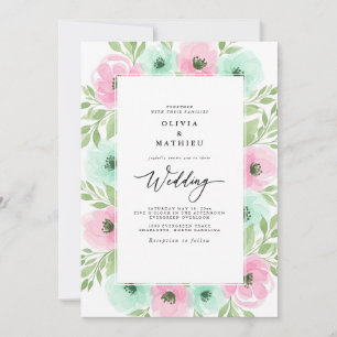 Rosa Mint Luftige Aquarell-Frühlingshochzeit Einladung