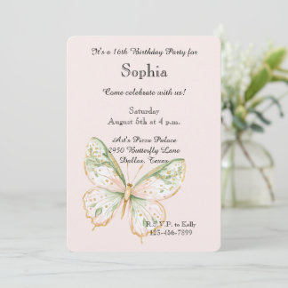 Rosa Mintgrün Gold Schmetterling Geburtstag Einladung
