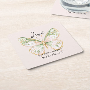 Rosa Mintgrün Gold Schmetterling Hochzeit Rechteckiger Pappuntersetzer