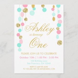 Rosa Minze Gold Glitzer Geburtstagsfeier Einladung