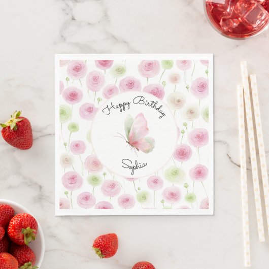 Rosa Minze Ranunculus Blumen Geburtstag Serviette (Beispiel)