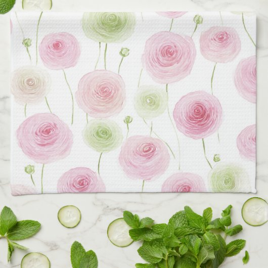 Rosa Minze Ranunculus Blumen Geschirrtuch (Gefaltet)