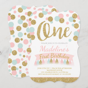 Rosa Minze und Gold Einladung zum 1. Geburtstag