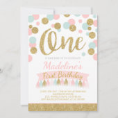 Rosa Minze und Gold Einladung zum 1. Geburtstag (Vorderseite)