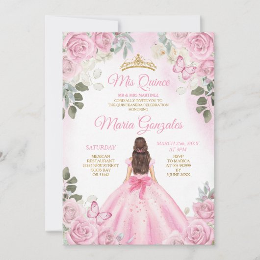 Rosa Mis Quince 15 Anos Butterfly Goldkrone Einladung (Vorderseite)