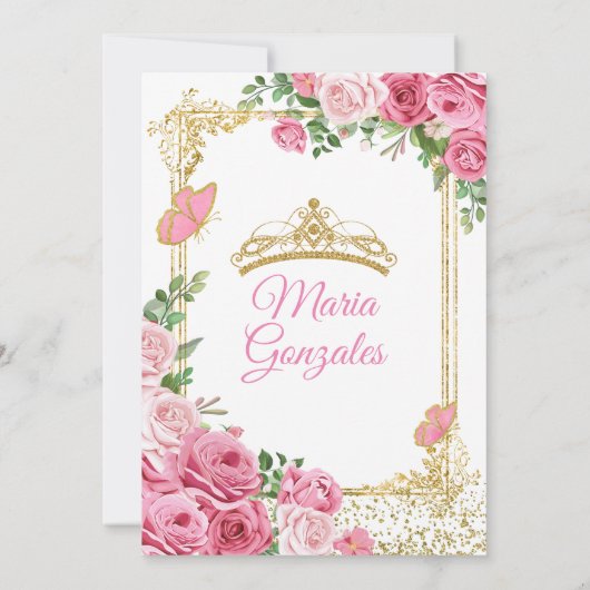Rosa Mis Quince 15 Anos Butterfly Goldkrone Einladung (Rückseite)