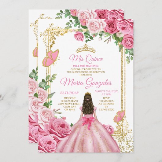 Rosa Mis Quince 15 Anos Butterfly Goldkrone Einladung (Vorne/Hinten)