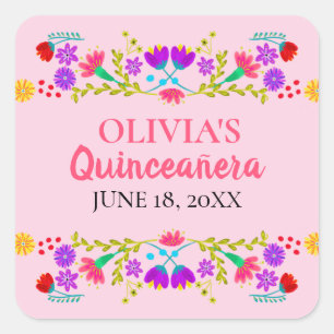Rosa Mis Quince Anos Mexikanische Fiesta Floral Quadratischer Aufkleber