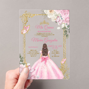 Rosa Mis Quince Krone Gold Quinceañera Schmetterli Acryleinladungen