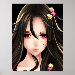 Rosa Mit Augen Brünetter Anime-Girl-Cartoon Poster