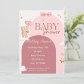 Rosa mit Bären und Ballons Babydusche Einladung (Stehend Vorderseite)