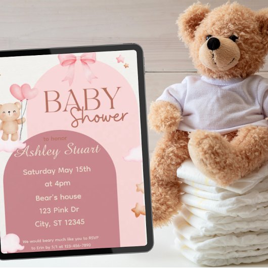 Rosa mit Bären und Ballons Babydusche Einladung