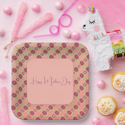 Rosa mit Burgunder Gemusterter Platz Pappteller (Party)