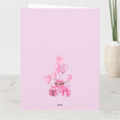 Rosa mit Geschenken und Ballons rund um das Foto Karte (Rückseite)