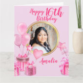 Rosa mit Geschenken und Ballons rund um das Foto Karte (Vorderseite)