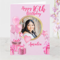 Rosa mit Geschenken und Ballons rund um das Foto