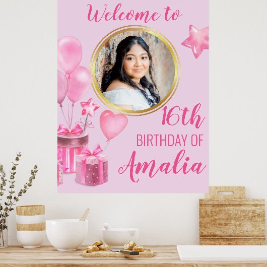Rosa mit Geschenken und Ballons rund um das Foto Poster (Küche)