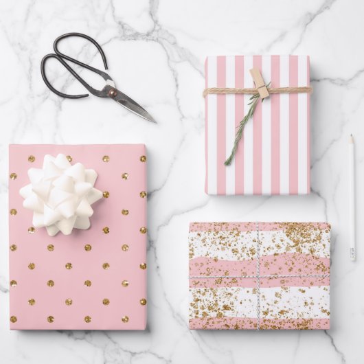 Rosa mit goldener Glitzer Hochzeit  Geschenkpapier Set (Vorderseite)