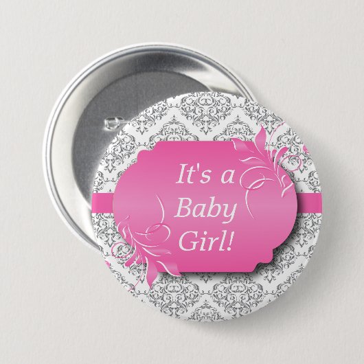 Rosa mit grauem Damast-Muster Button (Vorne & Hinten)