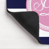 Rosa Mit Monogramm blauer Streifen Personalisiert Mousepad (Ecke)