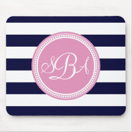 Rosa Mit Monogramm blauer Streifen Personalisiert Mousepad
