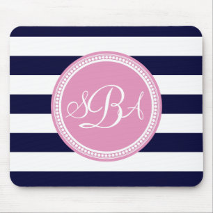 Rosa Mit Monogramm blauer Streifen Personalisiert Mousepad