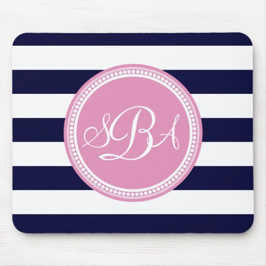Rosa Mit Monogramm blauer Streifen Personalisiert Mousepad (Vorne)