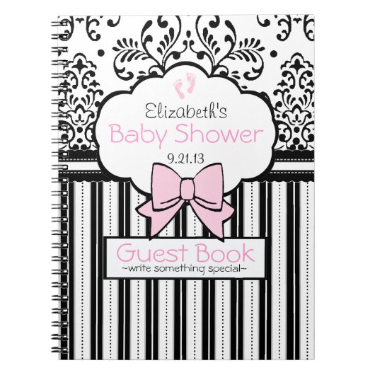 Rosa mit schwarzem Damast-Babyparty-Gast-Buch Notizblock (Vorderseite)