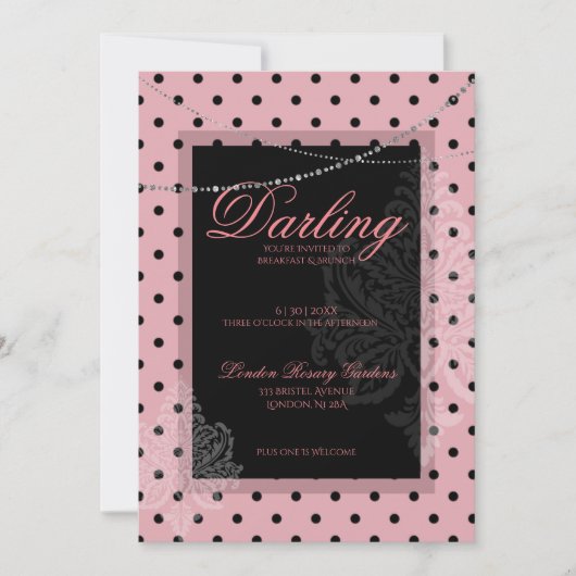Rosa mit schwarzem Polk dots Frühstücksbrunch Einladung (Vorderseite)