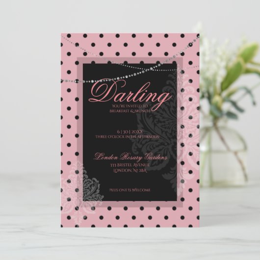 Rosa mit schwarzem Polk dots Frühstücksbrunch Einladung (Stehend Vorderseite)