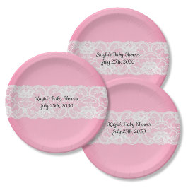 Rosa mit Spitzen-Baby-Dusche Pappteller