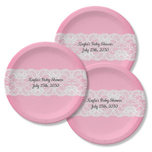 Rosa mit Spitzen-Baby-Dusche Pappteller