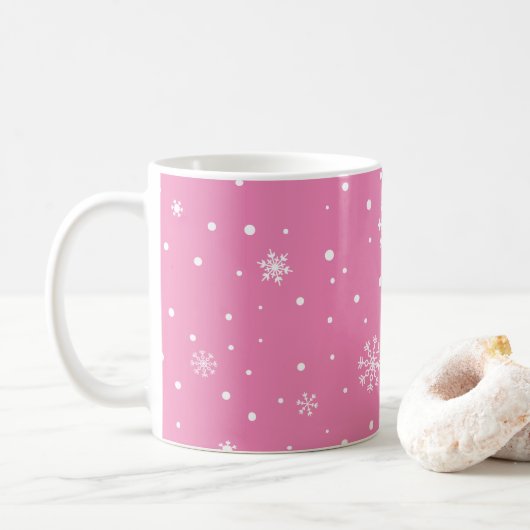 Rosa mit weißen Punkten und Schneeflocken Kaffeetasse (Mit Donut)
