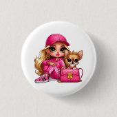 Rosa Modepuppe und Welpen-Plüschdecke Button (Vorderseite)