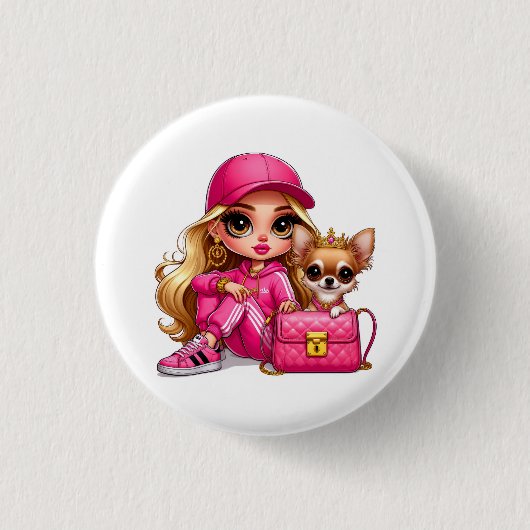 Rosa Modepuppe und Welpen-Plüschdecke Button (Vorderseite)