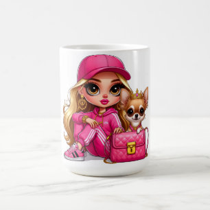 Rosa Modepuppe und Welpen-Plüschdecke Kaffeetasse
