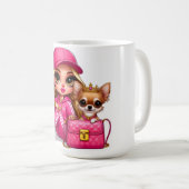 Rosa Modepuppe und Welpen-Plüschdecke Kaffeetasse (VorderseiteRechts)