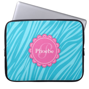 Rosa Moderne Blume Monogram Aqua Blue Zebra Print Laptopschutzhülle
