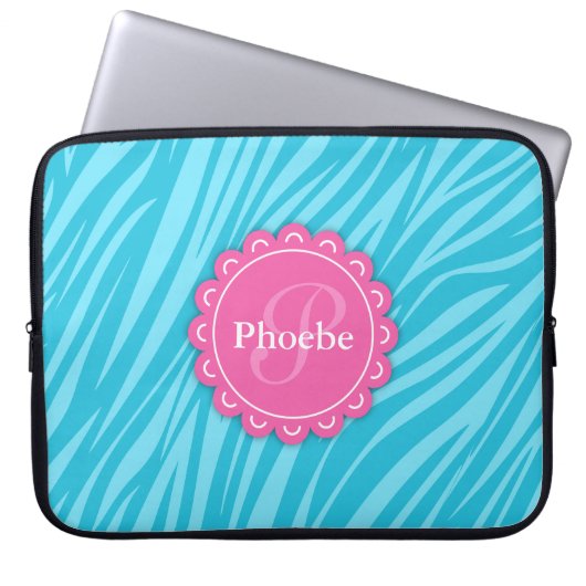 Rosa Moderne Blume Monogram Aqua Blue Zebra Print Laptopschutzhülle (Vorderseite)